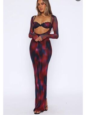 White Fox - Two-Piece Mesh Maxi Set in Red